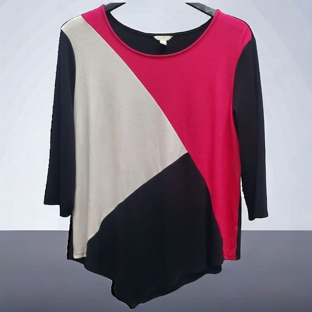Est 1946 Hi/Lo Hem Tunic Top Womens Large Color Block Black Pink 3/4 Sleeves